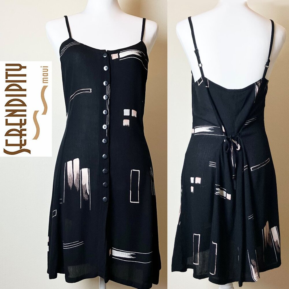 Serendipity Maui | Mini Sundress | Black w/Abstract Beige Pattern | Size S | EUC